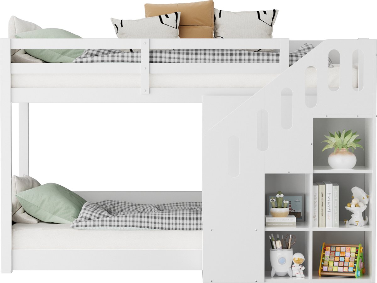 Merax Stapelbed 90x200 cm - Multifunctioneel Kinderbed met Trap en Opbergruimte - Wit