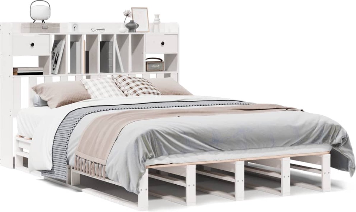 vidaXL - Bed - met - boekenkast - zonder - matras - grenenhout - wit - 140x190 - cm