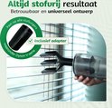EASYswift opzetstuk op een stofzuiger maakt jaloezieën schoon. "Altijd stofvrij resultaat, Past op alle stofzuigers, Waaronder Dyson V-serie, Inclusief adapter".