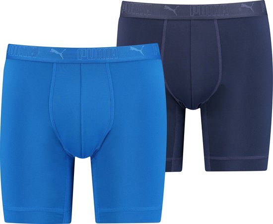 Twee Puma boxer briefs in de kleuren kobaltblauw en marineblauw, beide met logo-tailleband.