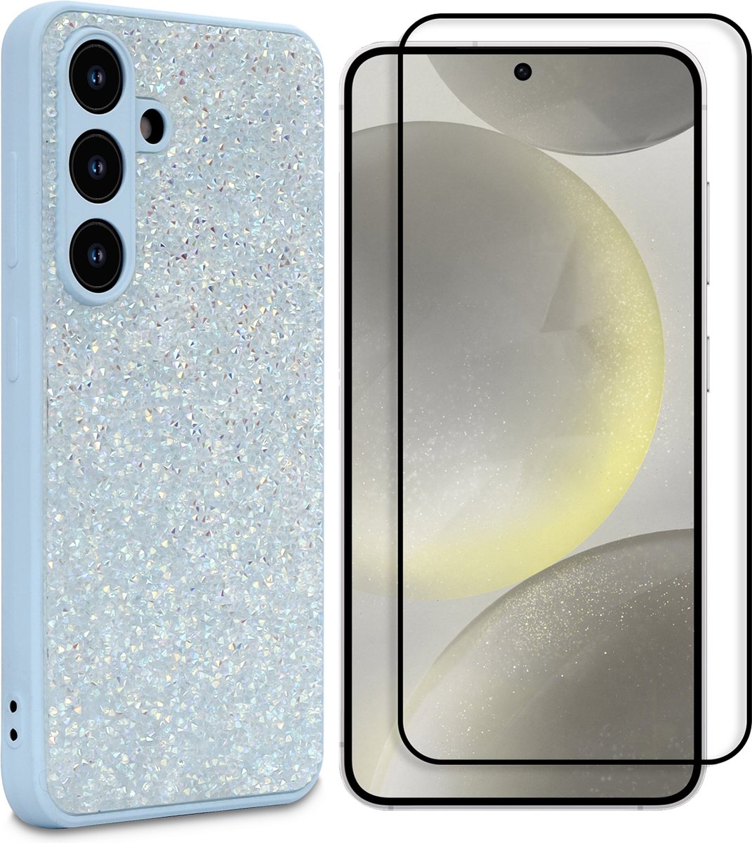 Casemania Hoesje & Volledig Dekkend Glas Geschikt voor Samsung Galaxy S25 Plus - Blauw - Diamant Glitter Back Cover & Glazen Screenprotector