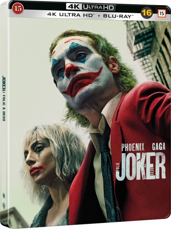 Joker: Folie à Deux 4K Ultra HD Blu-ray met Joaquin Phoenix als Joker en Lady Gaga. De titel is te lezen op de voorkant.