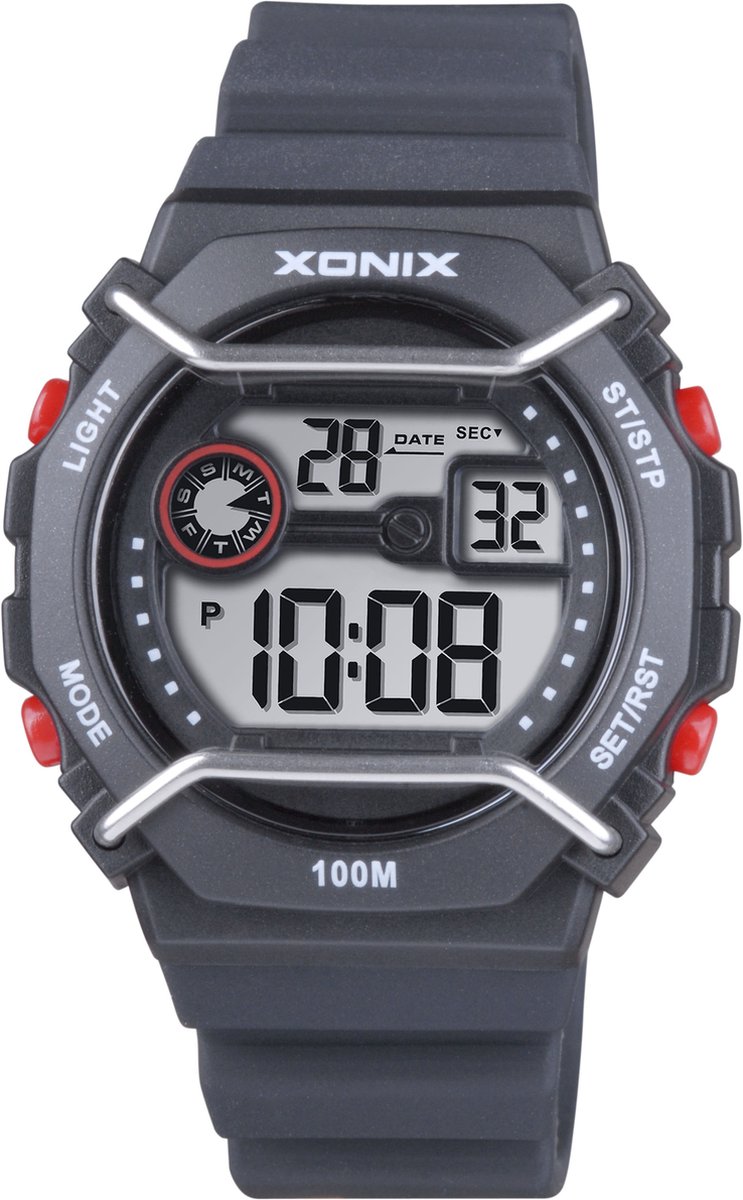 Xonix DBC-006 - Horloge - Polshorloge - Digitaal - Unisex - Achthoek - Siliconen band - ABS-Kunst - Achtergrondverlichting - Alarm - Start-Stop - Chronograaf - Tweede Tijdzone - Datumaanduiding - Waterdicht - Zwart - Rood