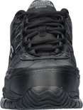 Zwarte Skechers werkschoen, voorkant zichtbaar met veters en het S-logo op de zijkant. Gestructureerde neus.