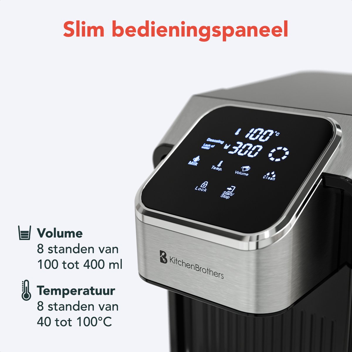 KitchenBrothers Heetwaterdispenser - 2.7L - Instant Waterkoker - BPA en PFAS Vrij - 8 standen van 100 t/m 400 ml - Melkfunctie - 40-100°C - Heetwatertap – RVS – foto 3