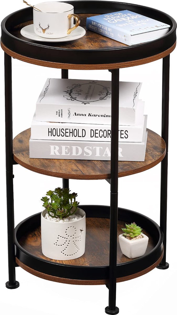 La'Moussawi ® Ronde Vintage Bijzettafel met Industrieel Ontwerp en Drie Niveaus voor Diverse Ruimtes