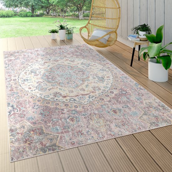 Paco Home vloerkleed voor binnen en buiten, laagpolig voor op het balkon terras, oriëntaals patroon roze Ø 200 cm Rund