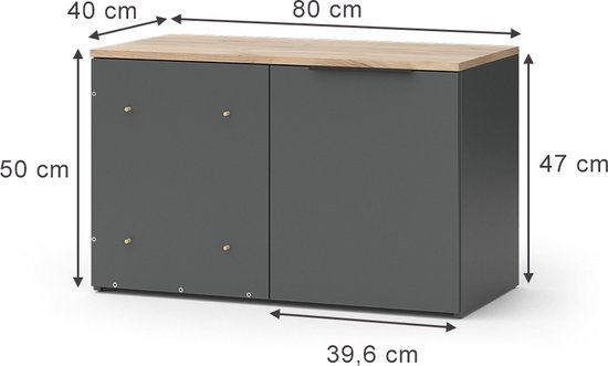 Afmetingen van een antraciet dressoir met houten blad en twee deuren.