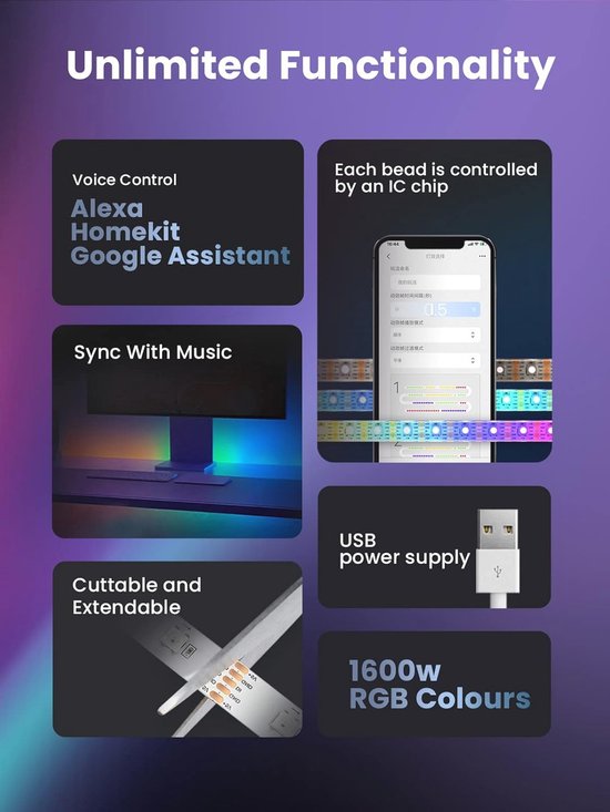 LED Strip Lights 2m - Slimme Lichten met APP & Stemcontrole, Muziek Sync en TV Achtergrondverlichting voor Slaapkamer Decor — afbeelding 4