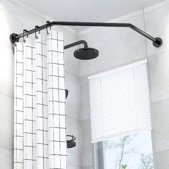 Verstelbare Gebogen Douchestang, Douchegordijnrail Hoekbad Gordijnstang, L-vormige Wandmontage Roestvrij Staal Zonder Boren, Met Douchegordijn en Haak,90 to 130cm × 90 to 130cm