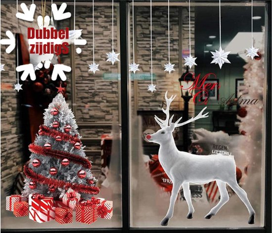 Kerstdecoratie winkelruit met kerstboom en witte rendier. Tekst 'Dubbel zijdelings' en 'Vrolijk Kerstmis'. Sterren slingers.