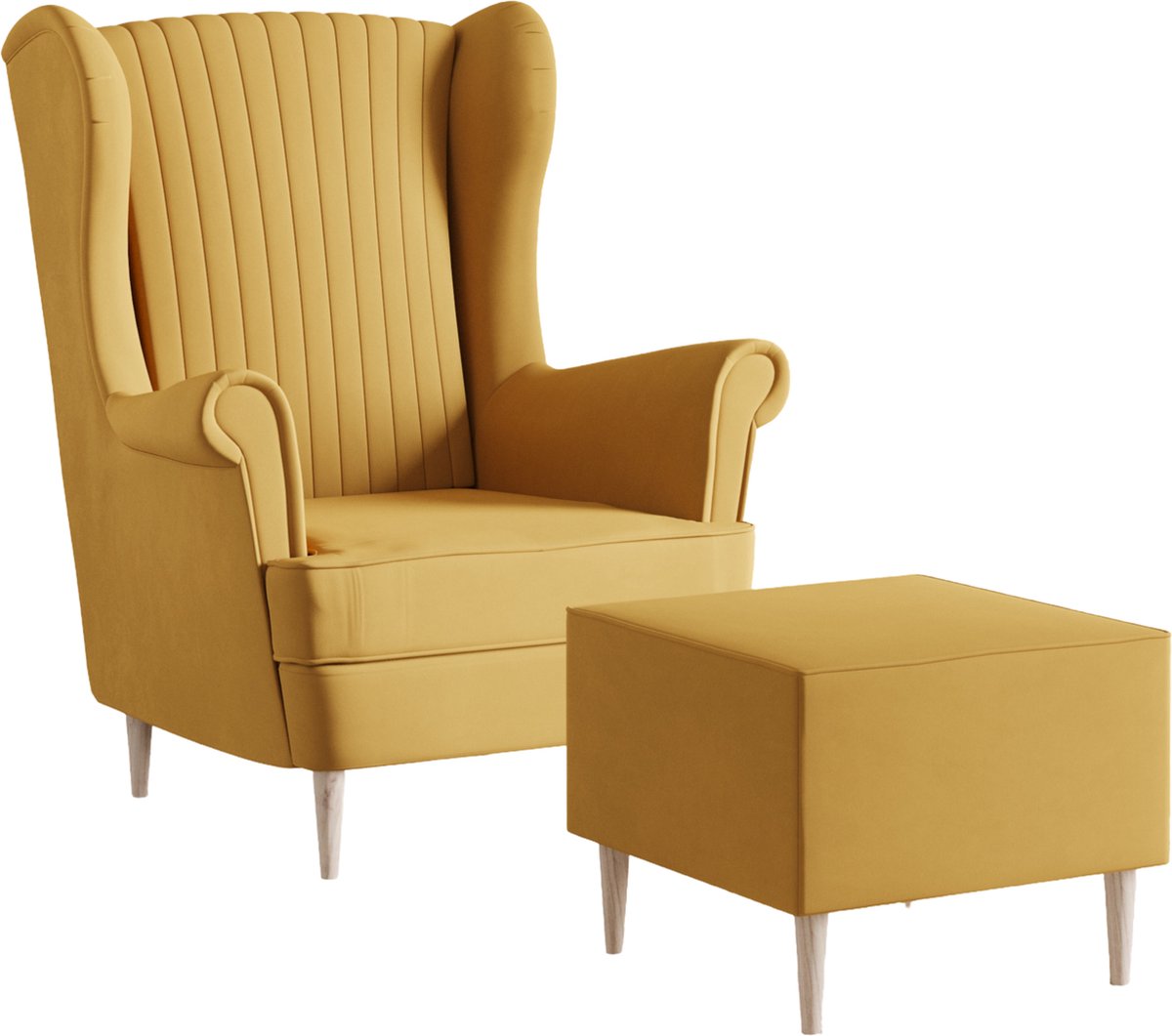 Ohrensessel, fauteuil van fluweel, stoel, zitmeubel, gestoffeerde fauteuil, relaxfauteuil - Fauteuil Comfy met Hocker - Geel (Manila 32)