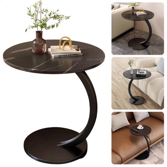 Cheqo® Table d'appoint noire avec marbre - Table basse - Ronde 40 cm - Plateau marbré - Structure en métal - Table d'appoint moderne