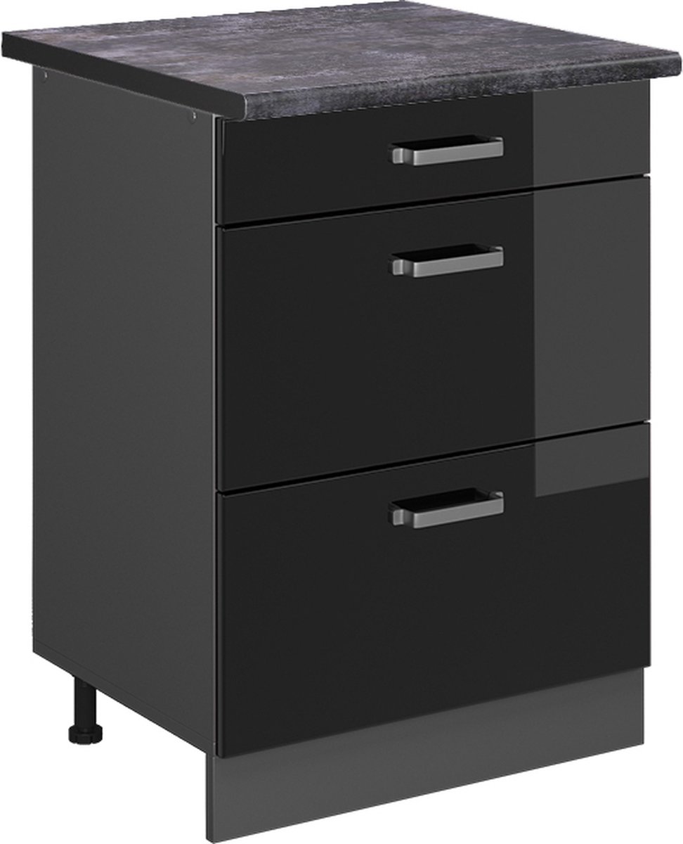 Vicco R-Line Keukenonderkast – 60 cm met laden, WB Antraciet Zwart hoogglans Zwart hoogglans/Antraciet