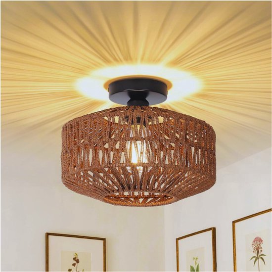 Rayofly Donkerbruine rotan Plafondlamp, Boho-stijl met lampenkap, Vintage Bambollamp, Rustieke Lamp voor Woonkamer, Mandlamp voor Slaapkamer, Keuken, Hal