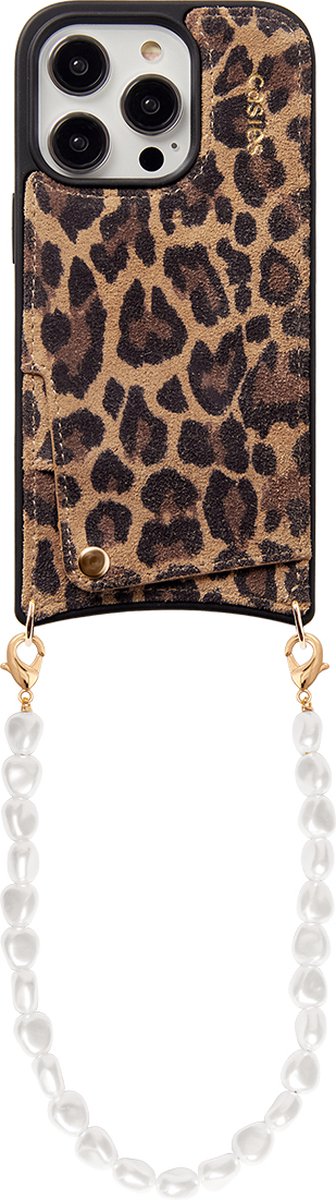 Casies leren panterprint hoesje geschikt voor Apple iPhone 15 Pro met parelkoord en pasjeshouder - echt leer - Leopard - Telefoonhoesje met strap - Telefoonkoord