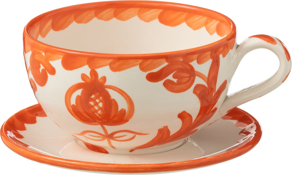 J-Line kopje + schoteltje Granada - keramiek - wit/oranje
