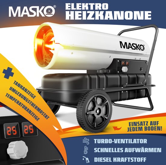 Wit mobiel diesel kachel met wielen en tank. Brandt element binnenin. Digitale displays voor temperatuur. Energie label.