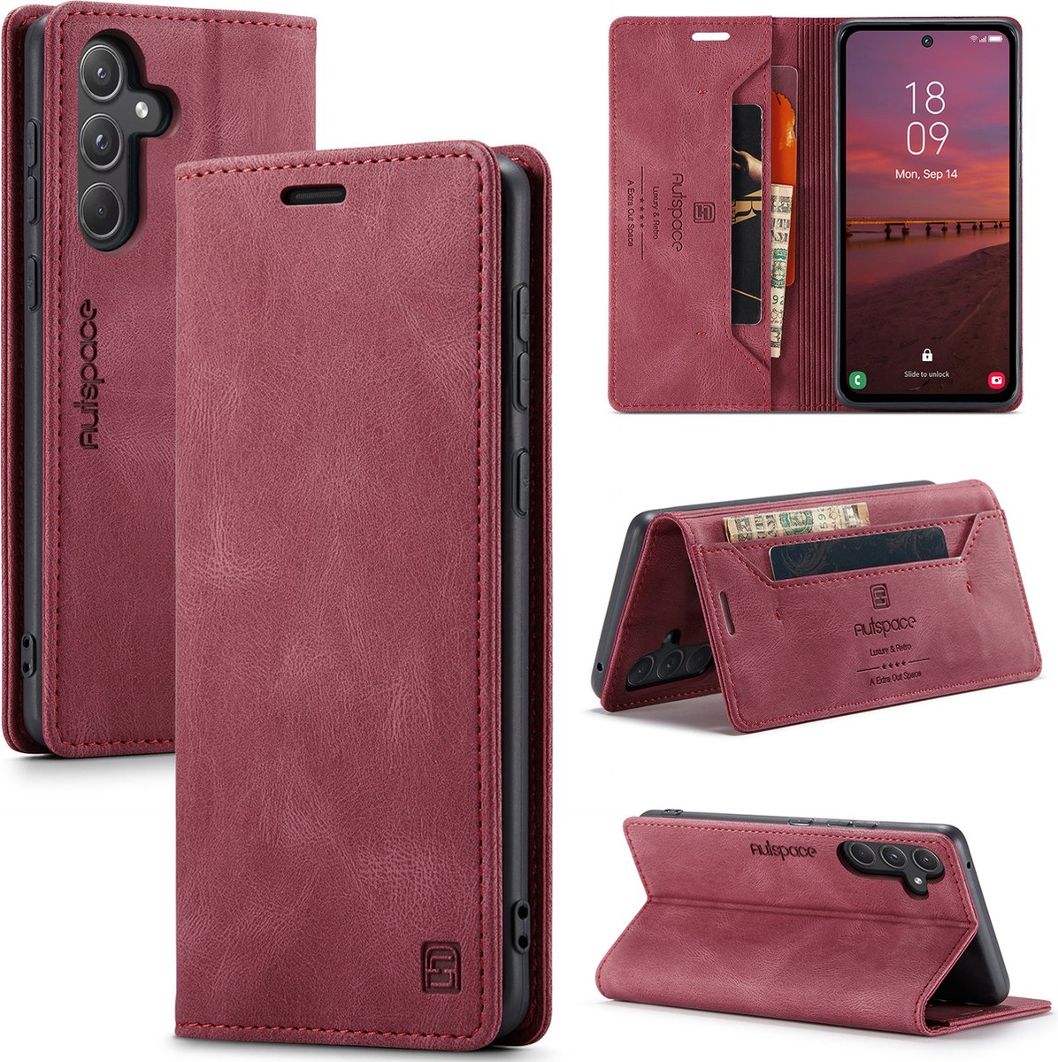 Luxe Flip Case met RFID Bescherming Kaarthouder en Magneetsluiting voor Samsung Galaxy A55 _ Wijnrood