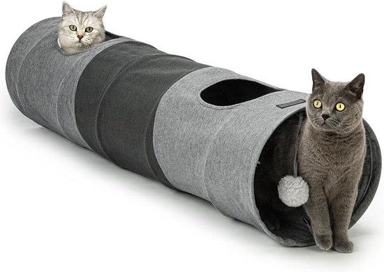 PawHut kattentunnel, kattenspeelgoed met speelbal, kattengrot, sisalspeeltunnel, gecombineerd ontwerp, bruin beige, 98 x 30 x 30 cm