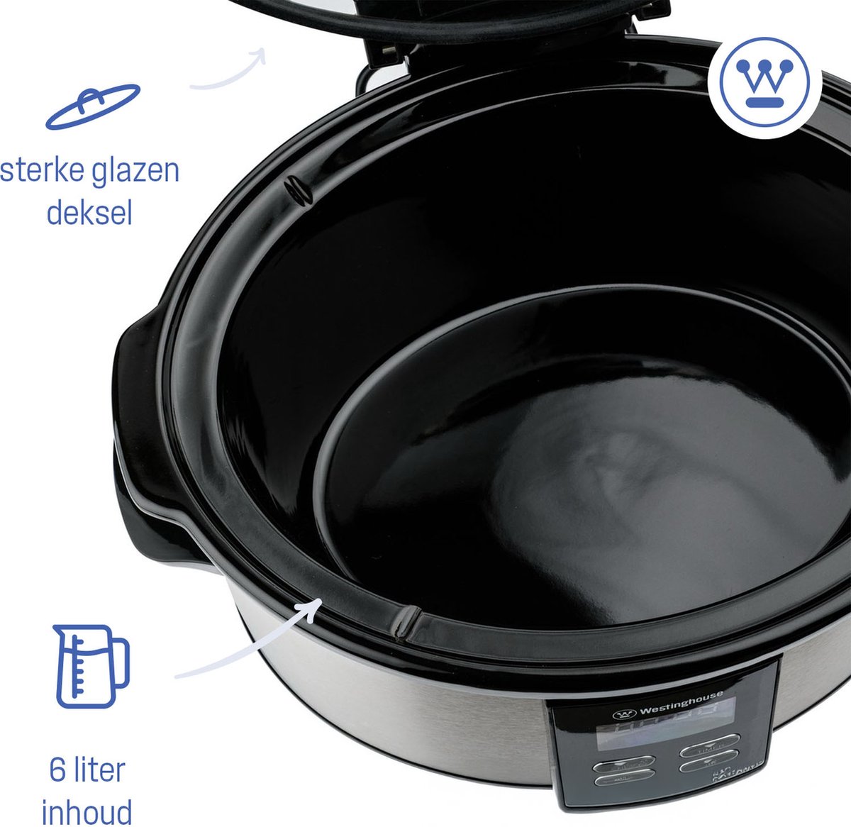 Afbeelding 2 van Westinghouse Slowcooker – 6,5L – RVS – Keramische Binnenpan – Warmhoudfunctie – Timer – Zwart