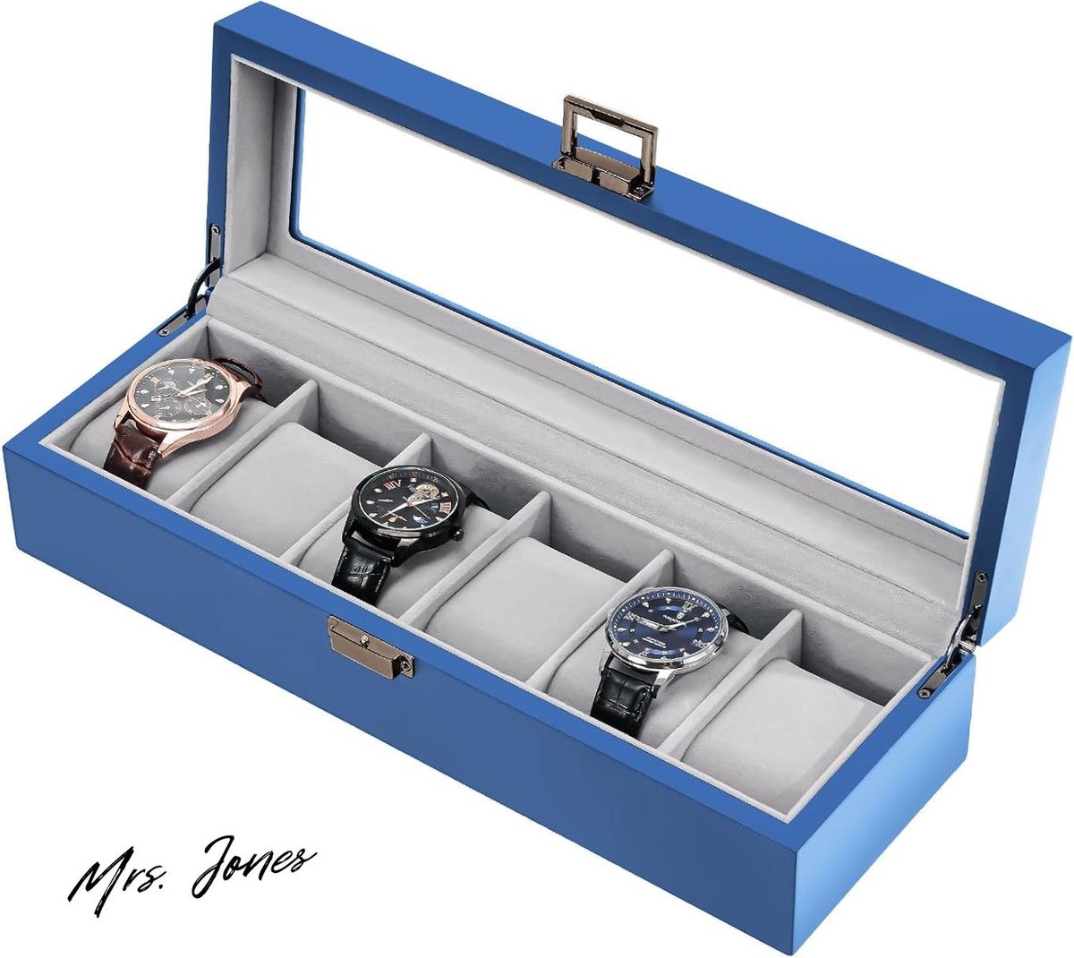 Mrs. Jones Houten horlogedoos voor mannen 6 sleuven horloge vitrine heren horlogedoos organizer houten horlogekast voor mannen horlogeopslag horlogehouder met glazen deksel -6 sleuf met. .