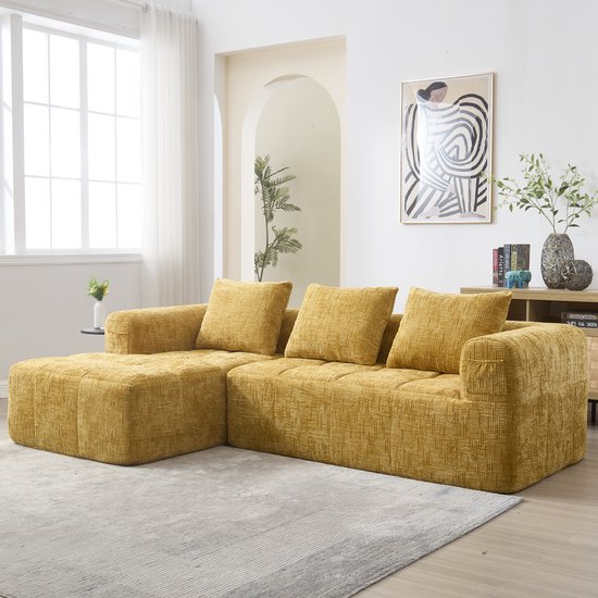FloraGrace Hoekbank 250 X 158 X 60 Cm - Chenille Met Chaise Longue En Armleuningen - Met Zijvakken En 3 Kussens - Woonkamer - Geel