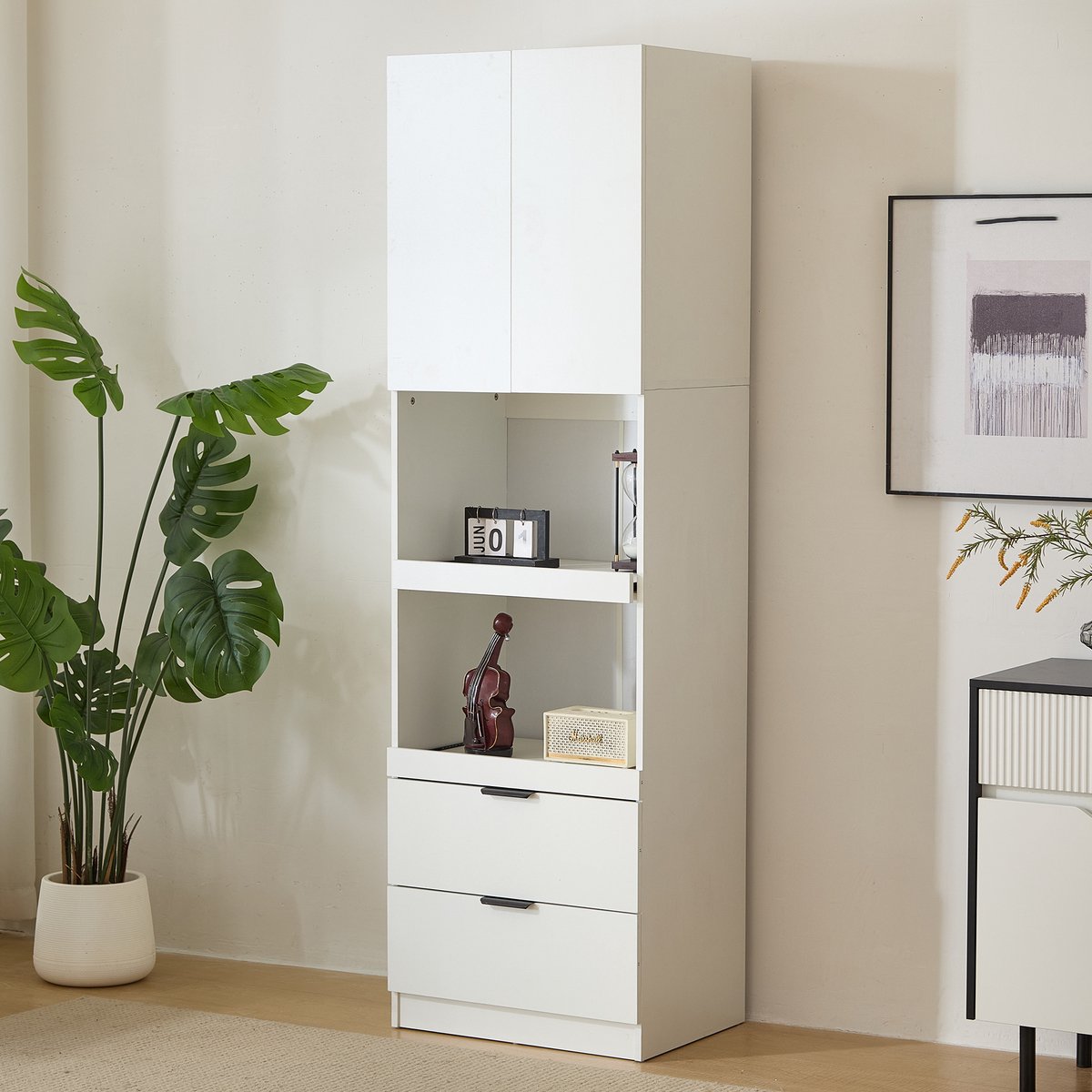 FloraGrace Hoge Kast - Met Deur, 2 Open Schappen En 2 Lades - Voor Keuken, Eetkamer En Woonkamer - MDF Wit - 59,5x45x200 Cm