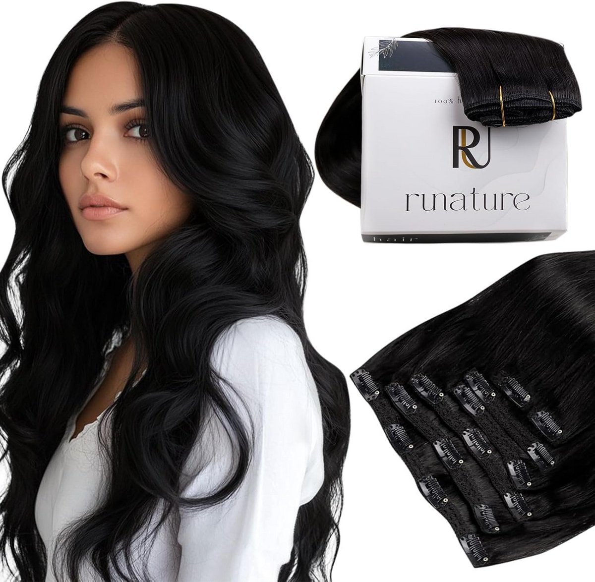 Clip-in Haarextensions Echt Menselijk Haar 7 Delen Zwart Volume