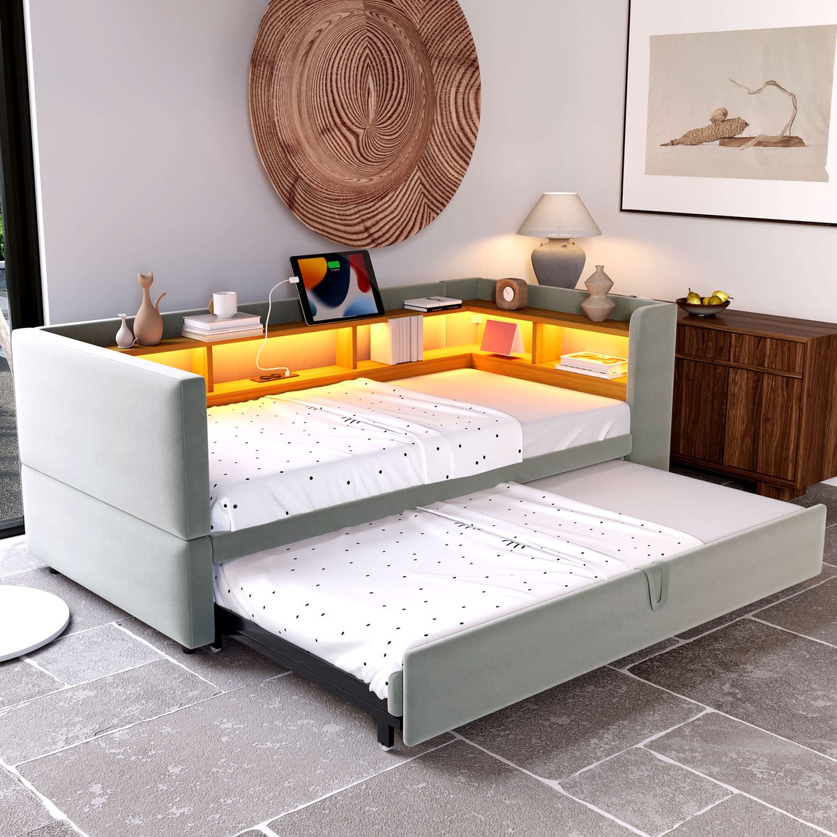 MODFU Bedframe 90/180x190 cm, gestoffeerd flanel in lichtgrijs, met LED, stopcontacten en vakken