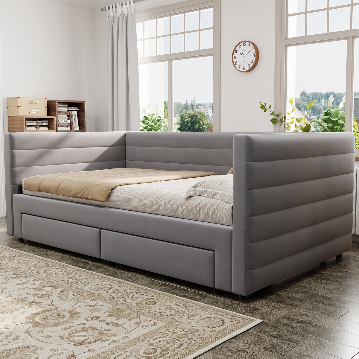 Wishdor Uitschuifbaar Gestoffeerd Bed – 3-in-1 Slaapbank – 90/180 x 190 cm – Met 2 Opberglades – Katoen-Linnen Grijs – Lattenbodem met 24 Latten – Flexibel voor Woonkamer of Logeerkamer – Stabiel tot 150 kg