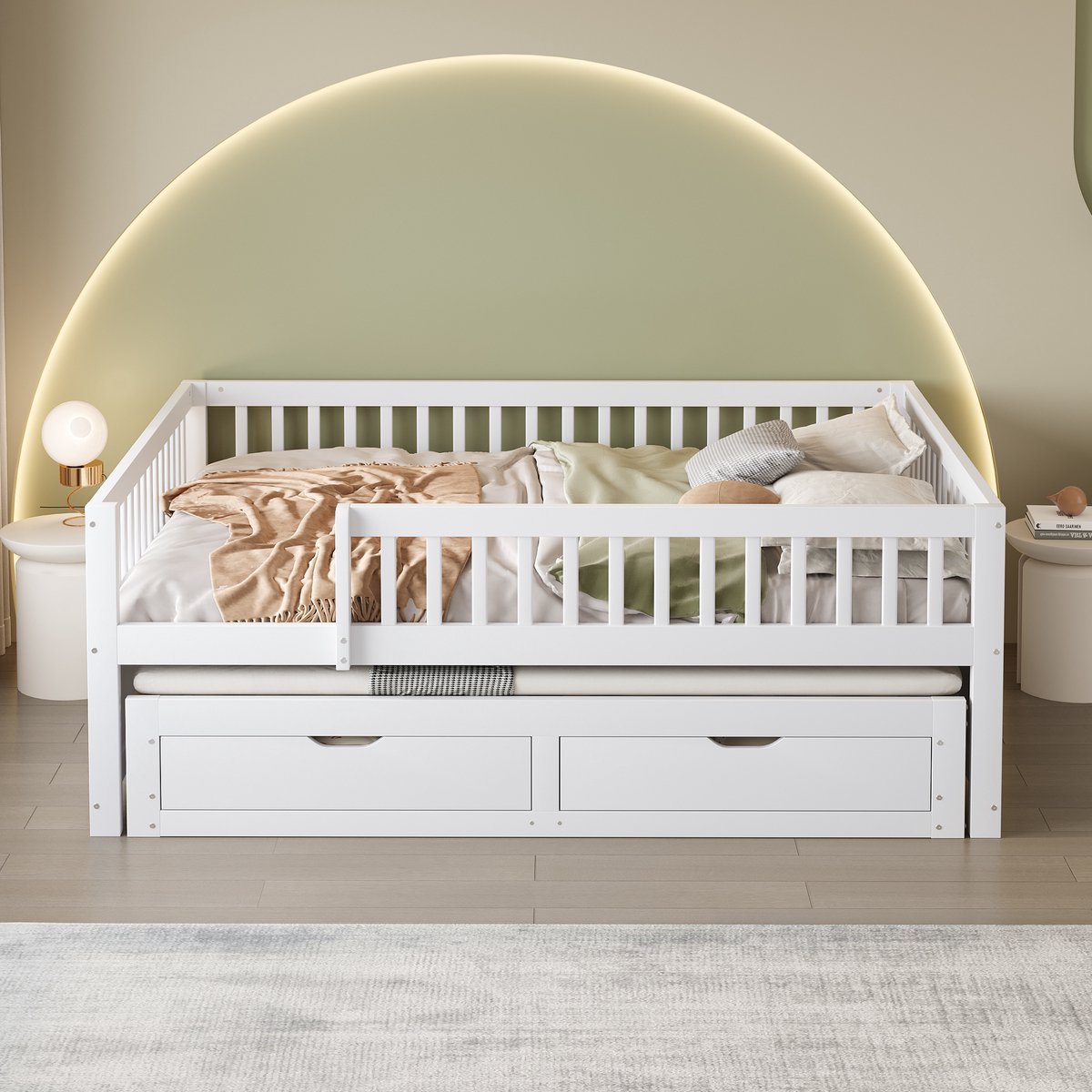 Wishdor - Multifunctionele Slaapbank - Uitschuifbed Met 2 Lades - Rondom Veiligheidshek - Lattenbodem - Hout - Wit - 140 X 200 Cm