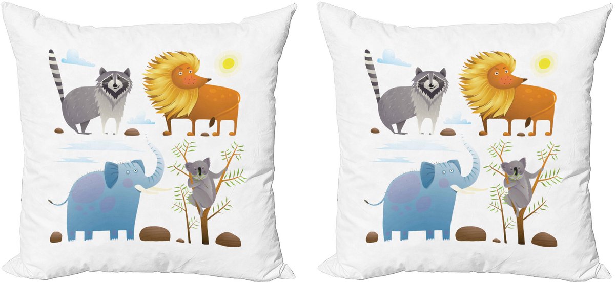 ABAKUHAUS Decoratieve kussenhoezen voor de kleuterschool, 2 stuks, Leeuw, Olifant, Wasbeer, 45x45 cm, Wit/meerkleurig