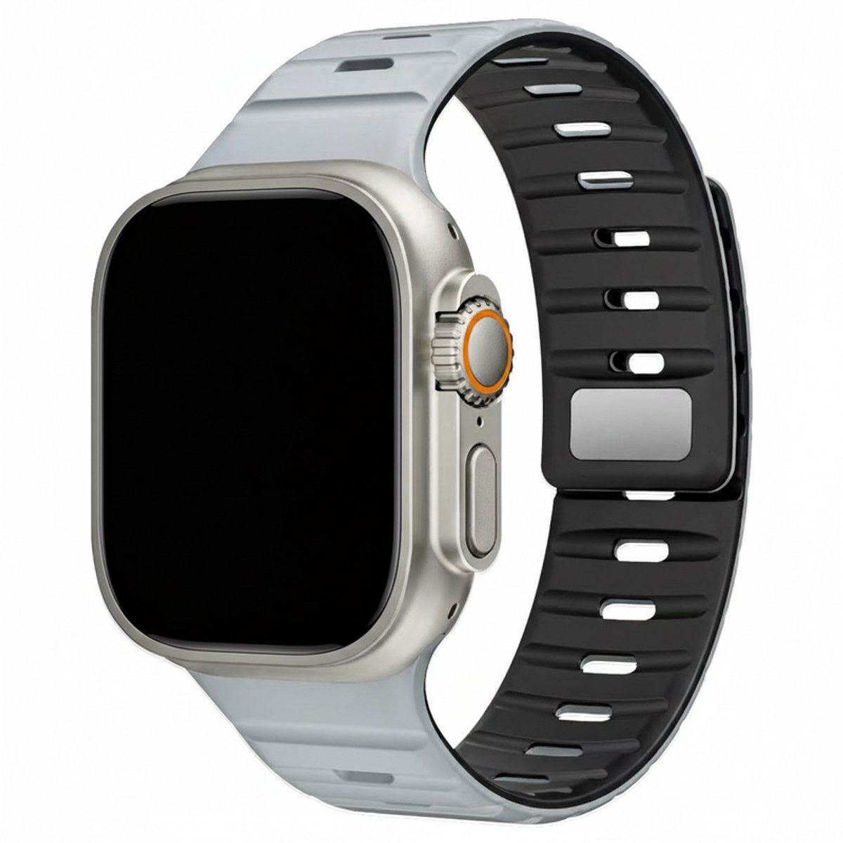 Siliconen bandje - geschikt voor Apple Watch 1/2/3/4/5/6/7/8/9/10/11/ SE (1,2,3) met maat 38 mm / 40 mm / 41 mm en 42 mm (Watch 10/11) - magneetsluiting - grijs zwart