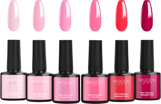 Zes flesjes Moods Gellac en zes gelakte nagels in tinten roze, rood en donkerroze.