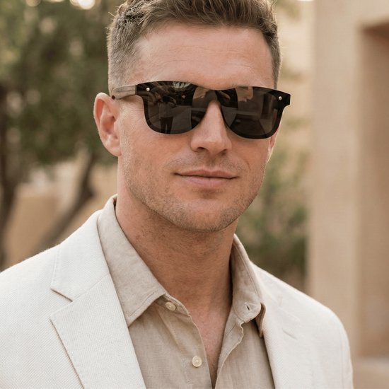 Lunettes de soleil sans monture FLAMENGO - Lunettes de soleil - Festival - Sport - Sports d'hiver - Plage - Lunettes de soleil de ski - UV400 - Polarisées - Convient aux femmes / hommes - Design élégant - Zwart avec pieds en bois - incl.