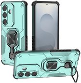 Turquoise telefoonhoes met ringstandaard, getoond vanuit verschillende hoeken.