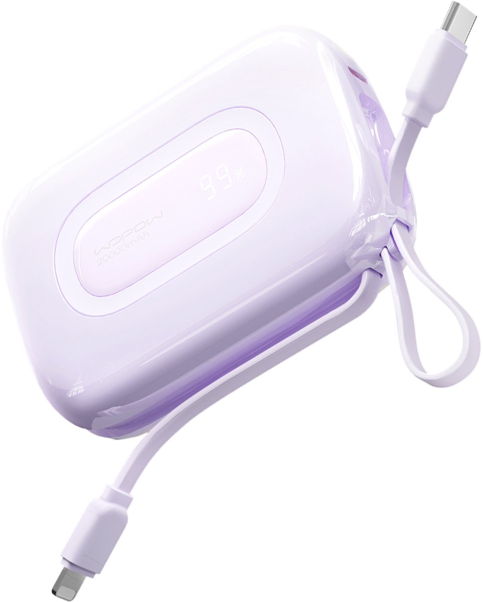 Wopow Powerbank met ingebouwde USB-C & Lightning Kabels, SQ73A, 20.000mah, 22.5W, Paars, 6933185740017