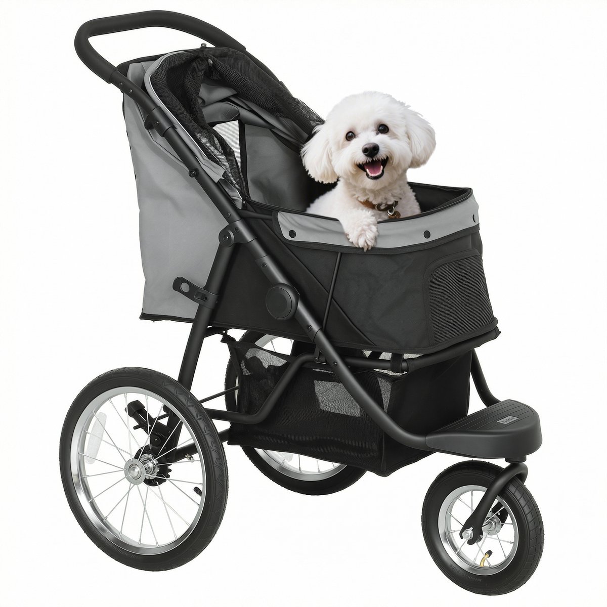 PawHut Hundewagen Jogger Hundebuggy klappbar für kleine Hunde & Katzen bis 10 kg Katzenbuggy mit 3 große Gummiräder, Kissen Netzfenstern Aufbewahrungskorb Katzenwagen mit Sicherheitsleinen, Grau