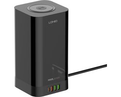 Power Tower – Stekkerdoos Toren met USB-C & Draadloze Oplader – 4 EU Stopcontacten – 3x USB-A + 1x USB-C – 15W Wireless – 2500W – 2 Meter Kabel – Zwart