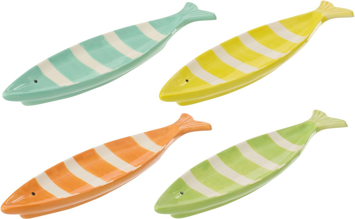 J-Line schaal Vis Gestreept Dolomiet - porselein - mix - large - set van 4