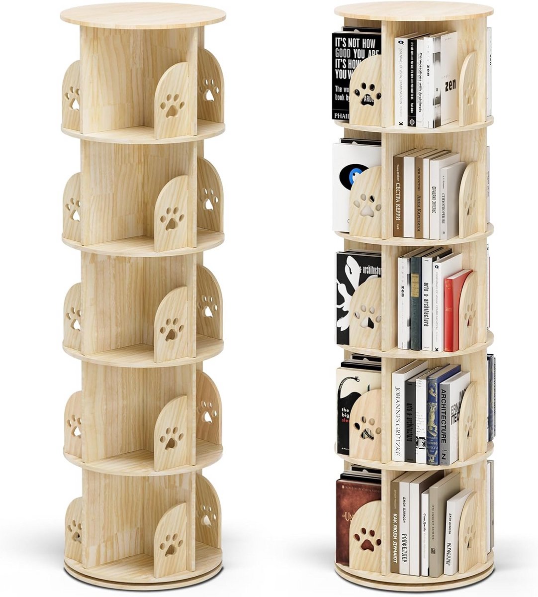 Draaibare Boekenkast - Massief Hout - 360 Graden Opbergsysteem met 5 Lagen