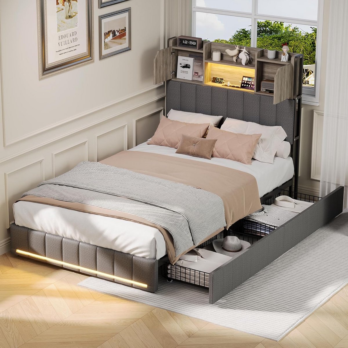 Eenpersoonsbed 90x200 cm met geïntegreerde lades, LED-verlichting en USB-poort
