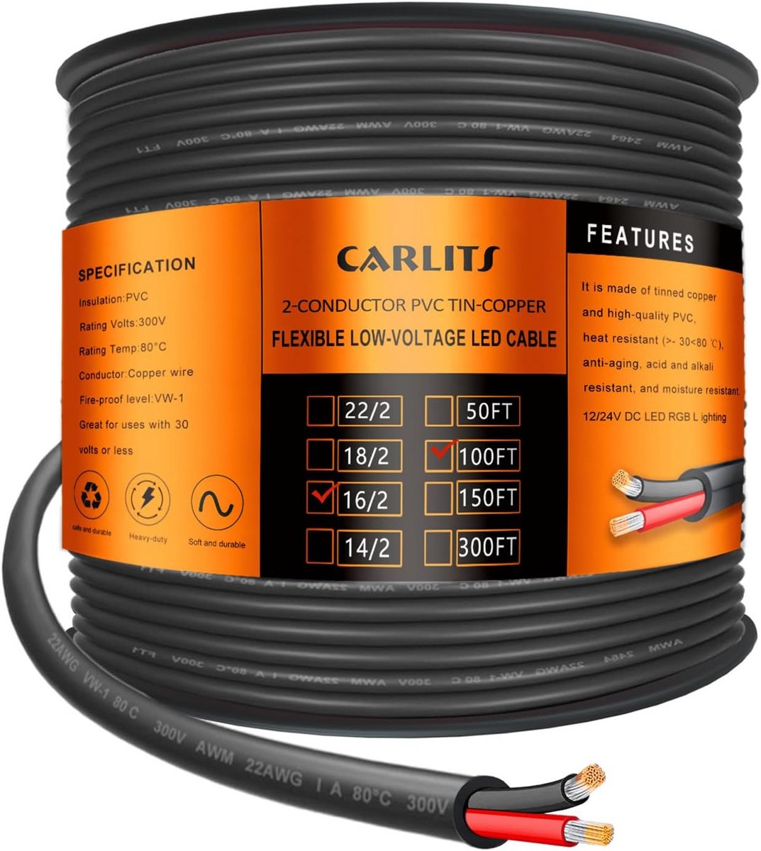 2 Aders Elektrische Draad 18 AWG Laagspanning Kabel Op Rol 15,24 Meter Flexibel