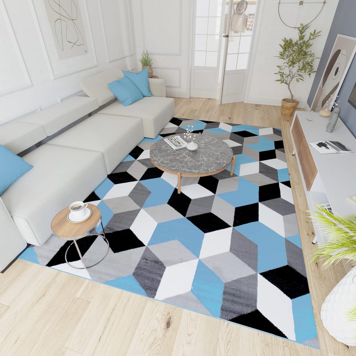 Modern Vloerkleed Grijs Blauw Patroon - Kortpolig Tapijt voor Woonkamer, Slaapkamer - Gesc