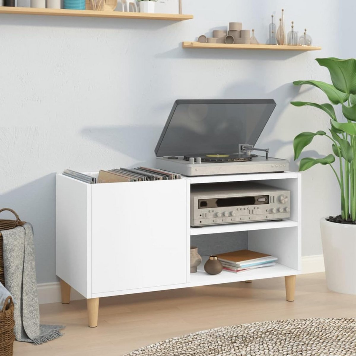 Platenkast met veel Opbergruimte voor Vinyl LP's - Witte Bijzetkast Woonkamer of TV-meubel