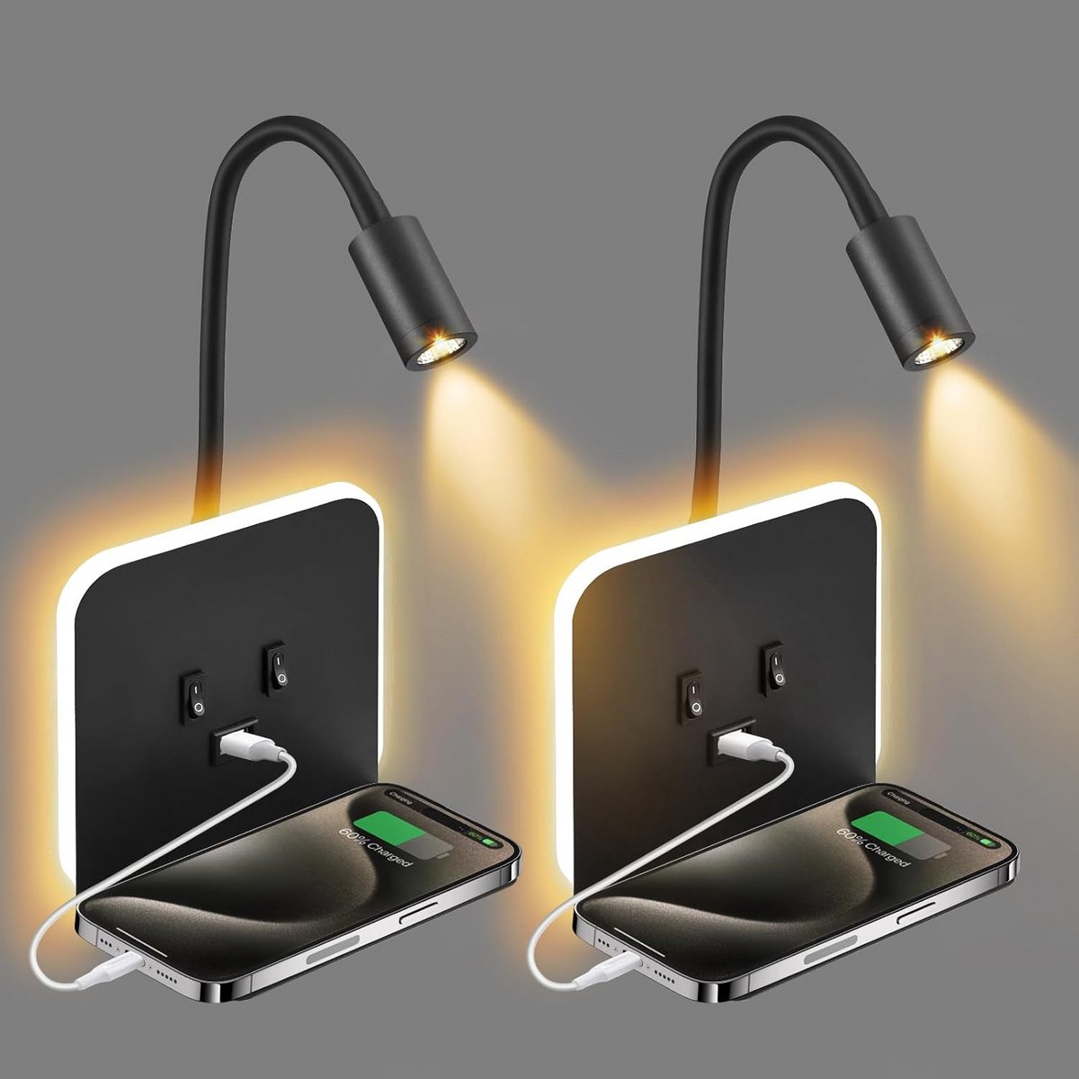 Wandlamp met Leeslamp, USB Oplaadpunt en Plankje - Zwart of Wit