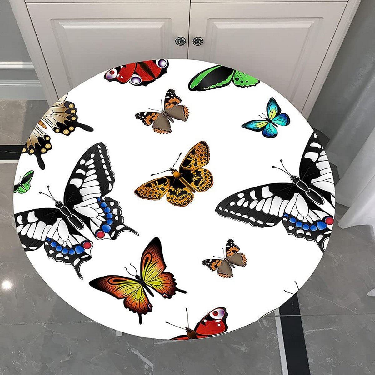 Rond Tafelkleed met Elastische Rand en Vlinderprint, Afwasbaar en Vlekbestendig