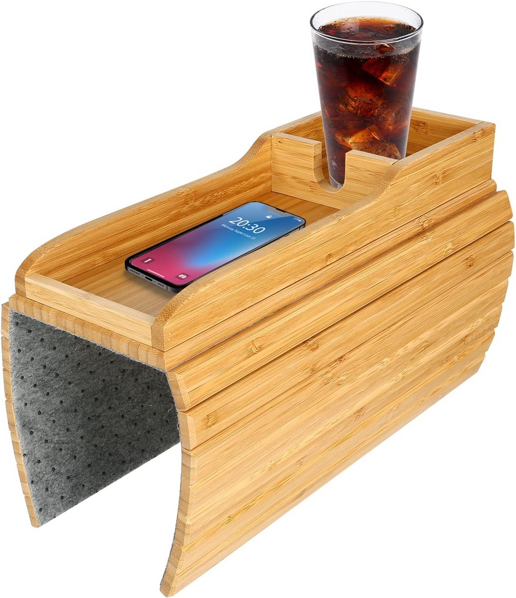 Luxe Bamboe Armleuning Dienblad met Bekerhouder en Antislip Grip