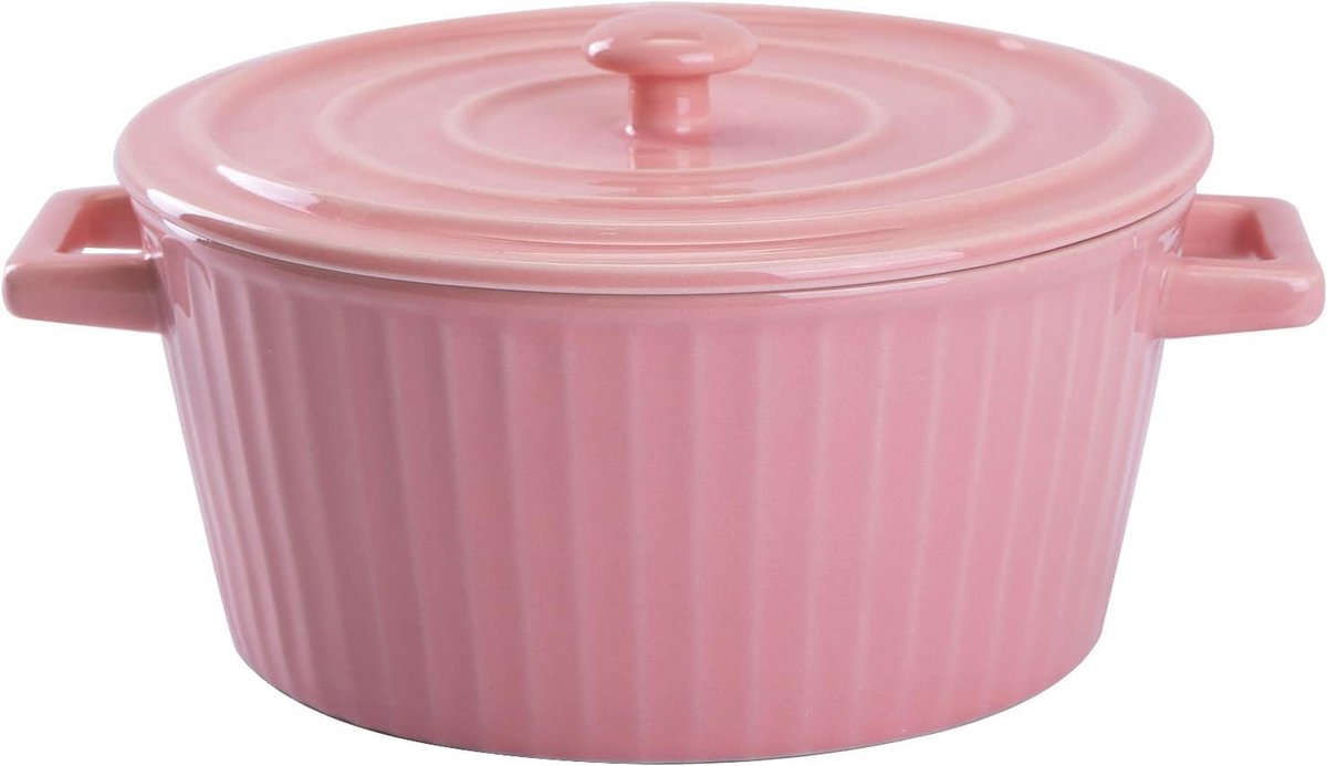 Roze Keramische Ovenschotel met Deksel - Ovenbestendige Stoofpan 1.2 Liter